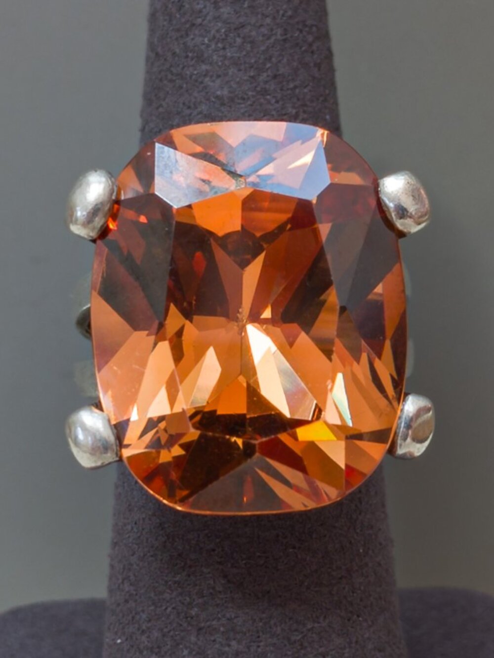 Massive Sterling Silver Amber Glass Statement Ring Size 7.25